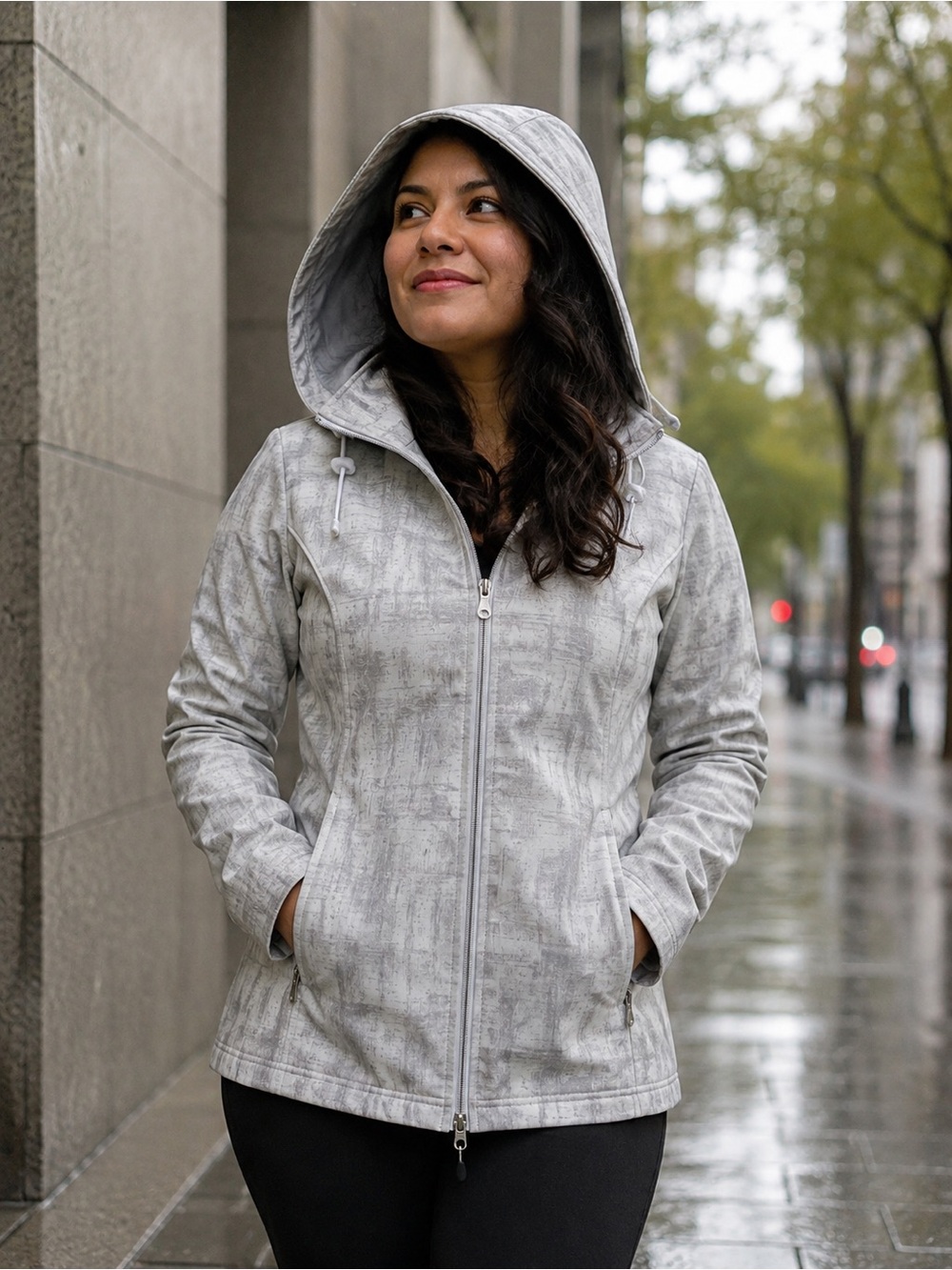 Medium Hooded Jacket Gray White Outdoors Rain Plaid Print